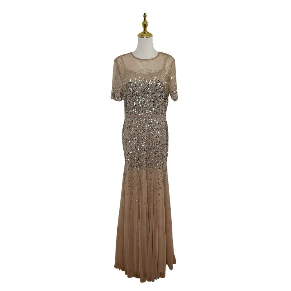 Mac Duggal 93909 Nude Silver Sequin Gown Sheer High Neck Short Sleeve Size 10 - Picture 4 of 8